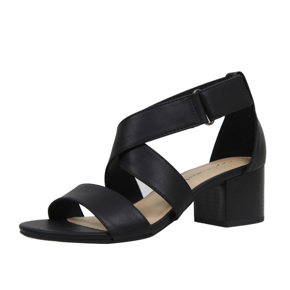 Size 6 Black Open Toe Strappy Mid Stacked  Heel - Picture 2 of 6